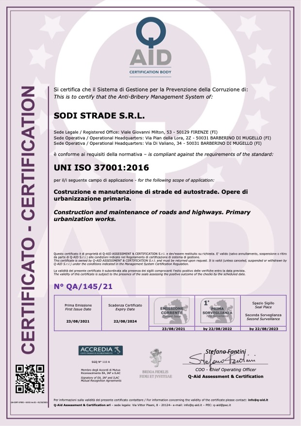 Immagine Sistema di gestione per la prevenzione della corruzione di Sodi Strade S.r.l. conforme alla normativa UNI ISO 37001:2016